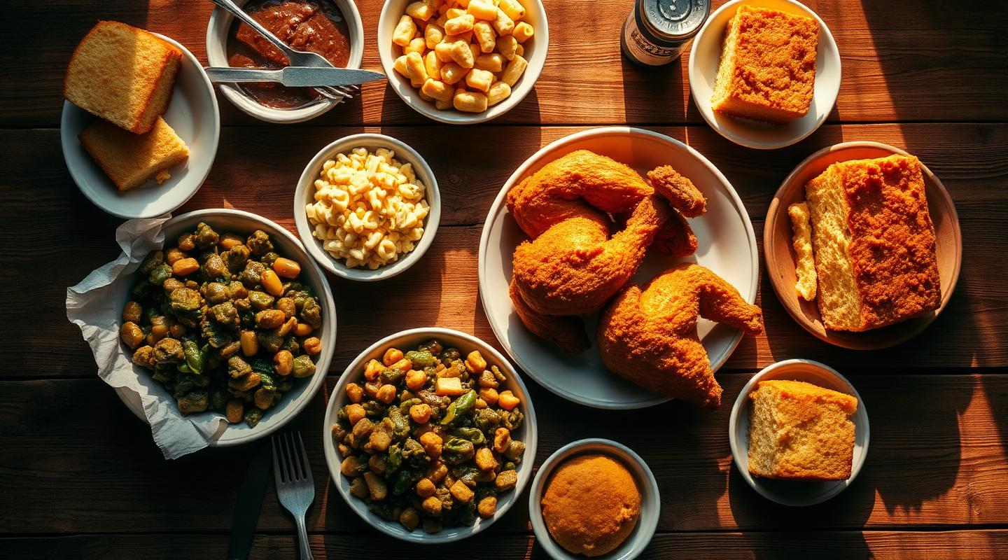 A Sunday spread of fried chicken, collard greens, mac and cheese, and cornbread